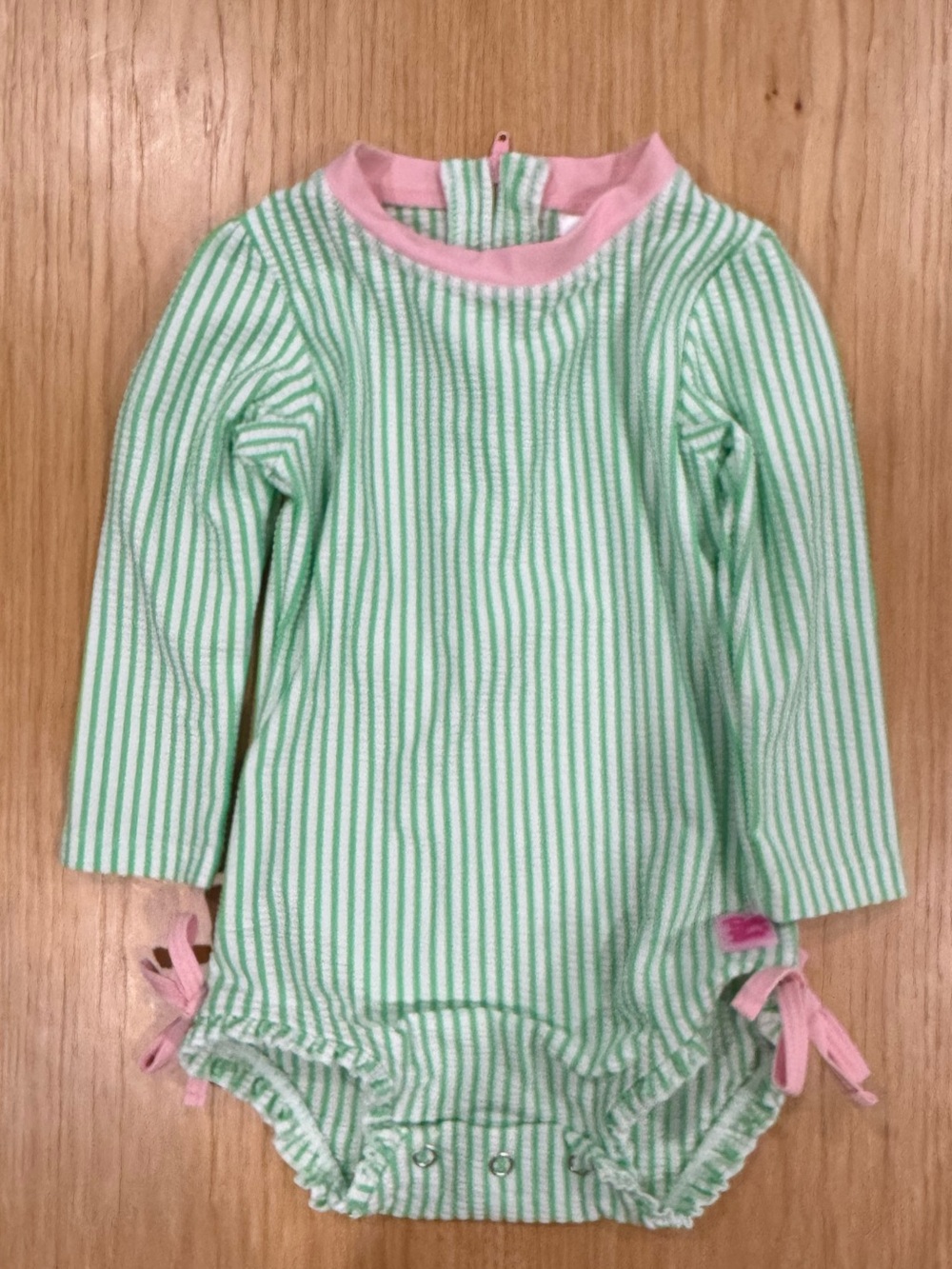 Rufflebutts Long-Sleeve Green Stripe One-Piece Swimsuit Rashguard 12-18m